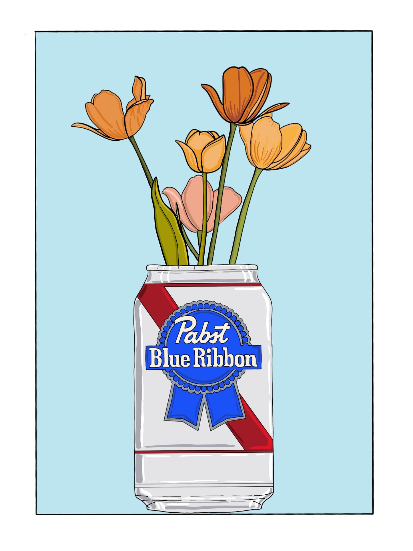 Pabst Blue Ribbon Can with Tulips